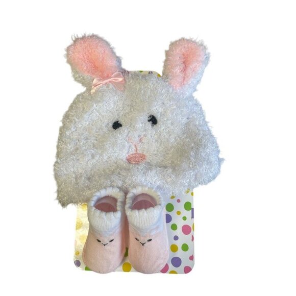 Little Me Baby Bunny Hat & Socks Set With Fluffy Ears & Pink Bow - Picture 1 of 3